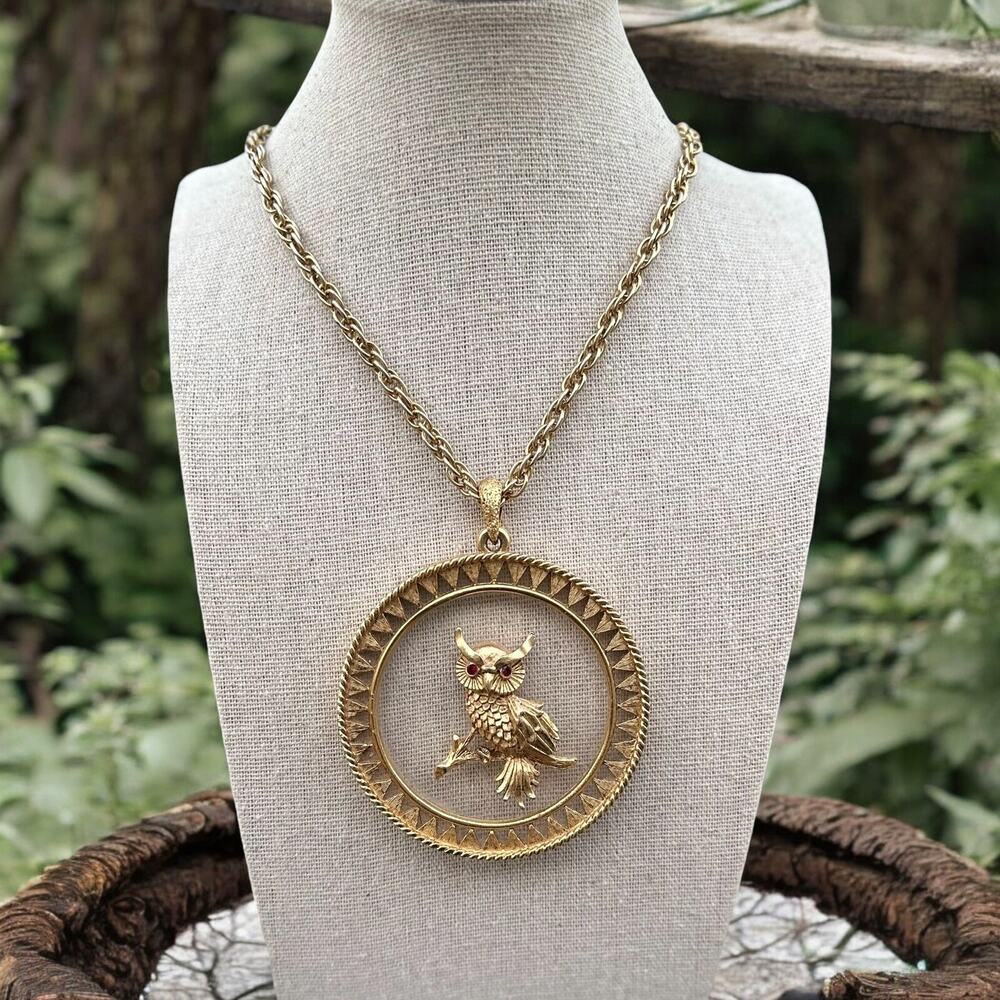 Vintage Horned Owl Necklace Floating Pendant Gold Tone Dark Academia Witchy